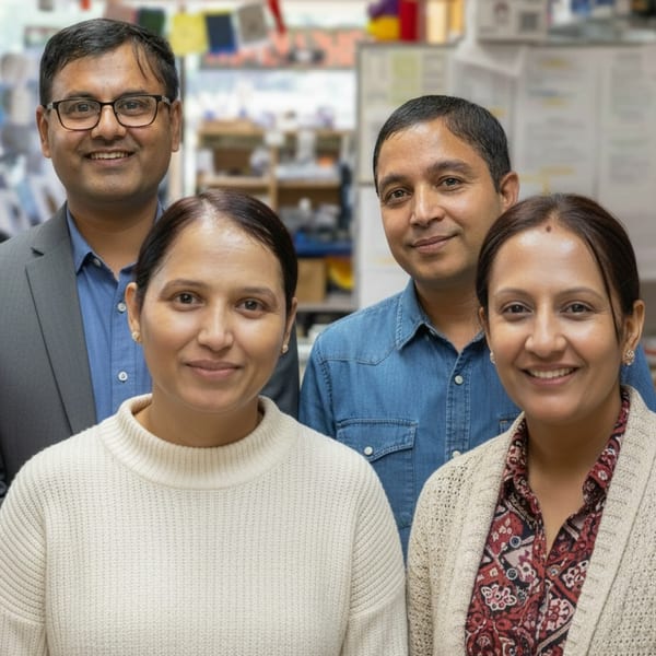 Four smiling Huntington Deli & Market staff members, two men and two women, pose for a photo.