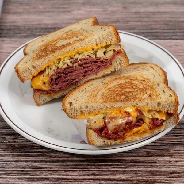 Two Huntington Deli & Market Reuben sandwiches with corned beef, sauerkraut, and melted cheese on toasted rye.