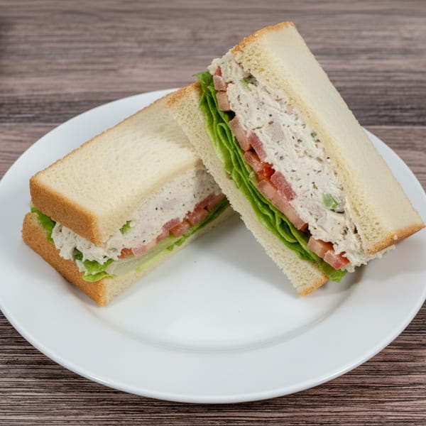 Two halves of a chicken salad sandwich with lettuce and tomato on white bread, on a white plate.
