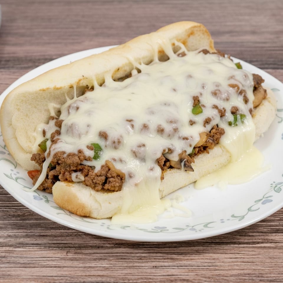 A Huntington Deli & Market cheesesteak with melted white cheese, ground meat, and green peppers.